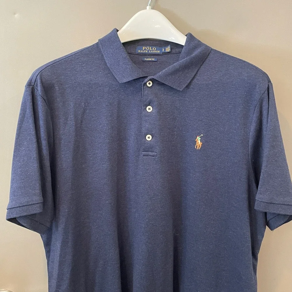 Polo Ralph Lauren Mens Classic Fit Navy Blue Heather Cotton Polo Shirt Large LG